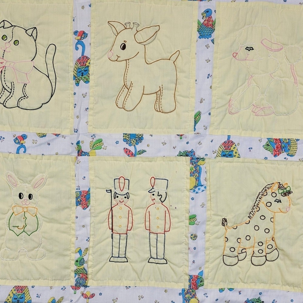 Vtg Hand Embroidered Baby Quilted Blanket Animals Nursery Rhyme Decor Nostalgia